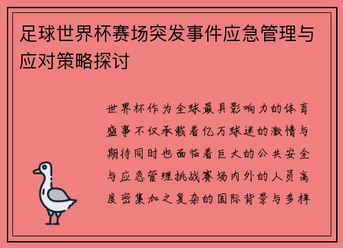 足球世界杯赛场突发事件应急管理与应对策略探讨