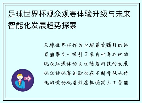 足球世界杯观众观赛体验升级与未来智能化发展趋势探索